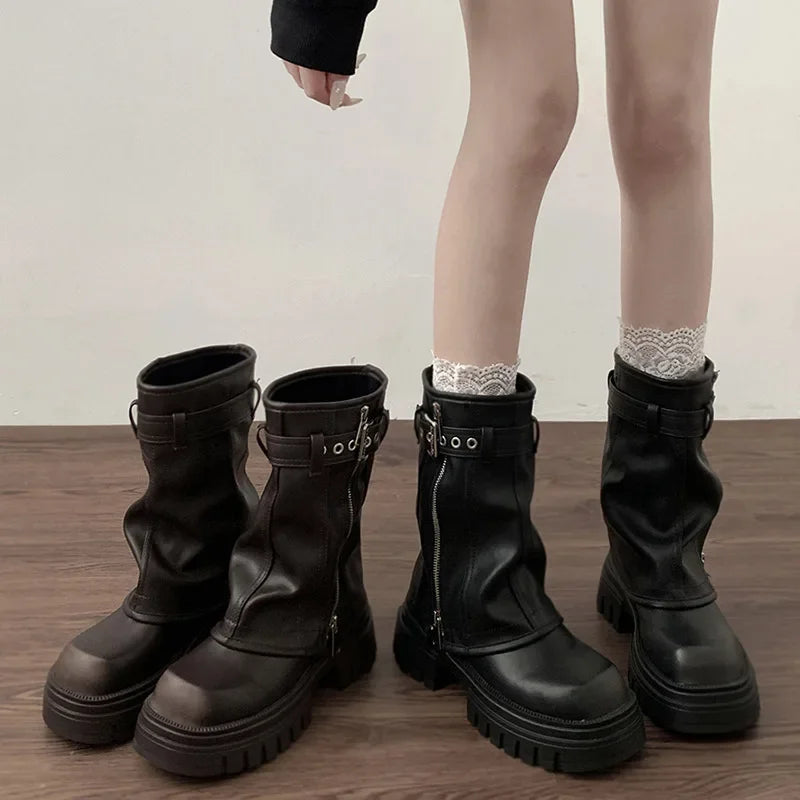 Boots Winter Womens – Mid-Calf Platform with Front Zipper & Buckle Strap - Lolly 