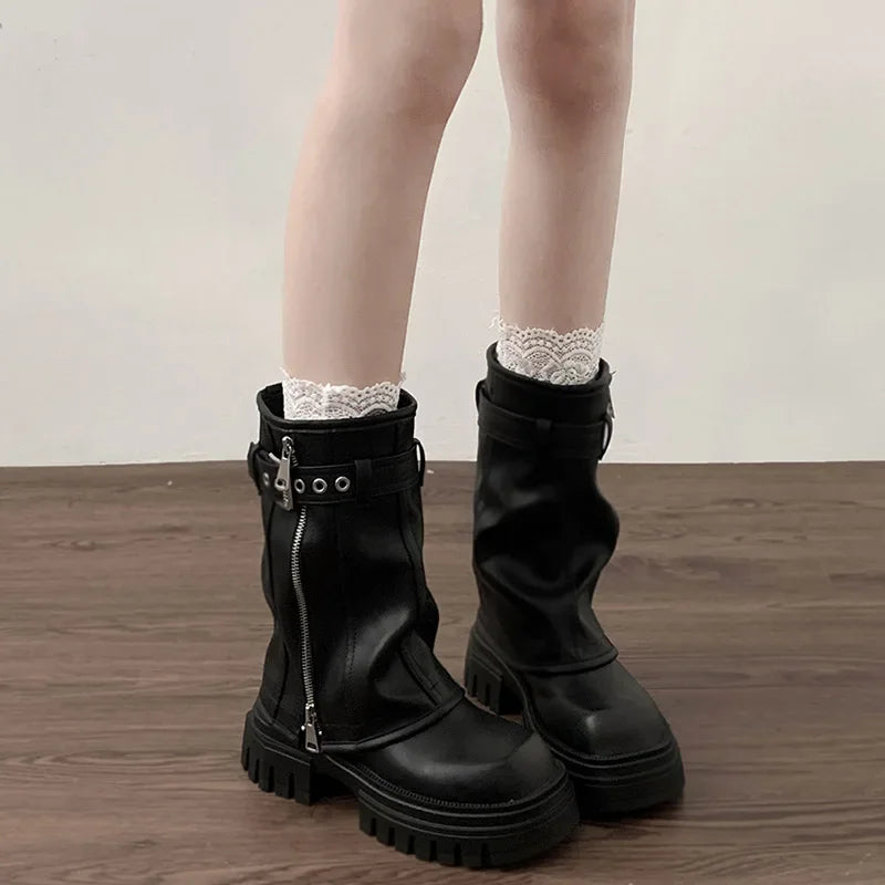 Boots Winter Womens – Mid-Calf Platform with Front Zipper & Buckle Strap - Lolly 