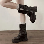 Boots Winter Womens – Mid-Calf Platform with Front Zipper & Buckle Strap - Lolly 