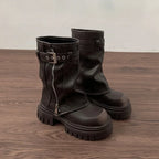 Boots Winter Womens – Mid-Calf Platform with Front Zipper & Buckle Strap - Lolly 