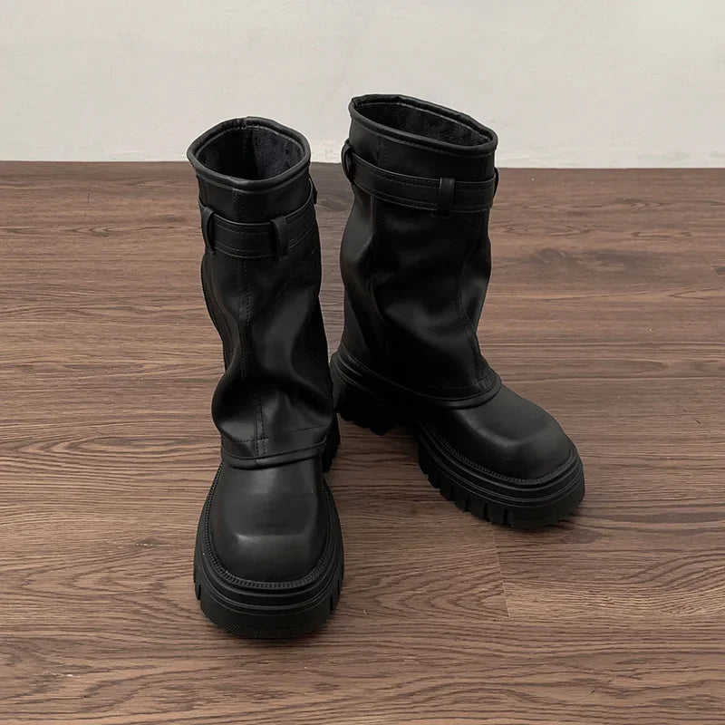 Boots Winter Womens – Mid-Calf Platform with Front Zipper & Buckle Strap - Lolly 