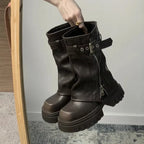 Boots Winter Womens – Mid-Calf Platform with Front Zipper & Buckle Strap - Lolly 