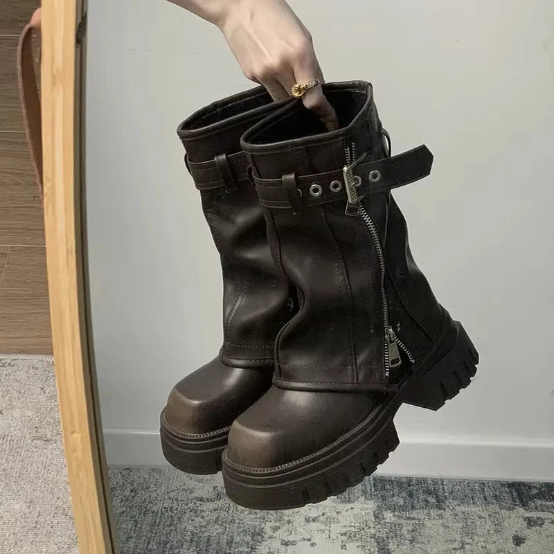 Boots Winter Womens – Mid-Calf Platform with Front Zipper & Buckle Strap - Lolly 