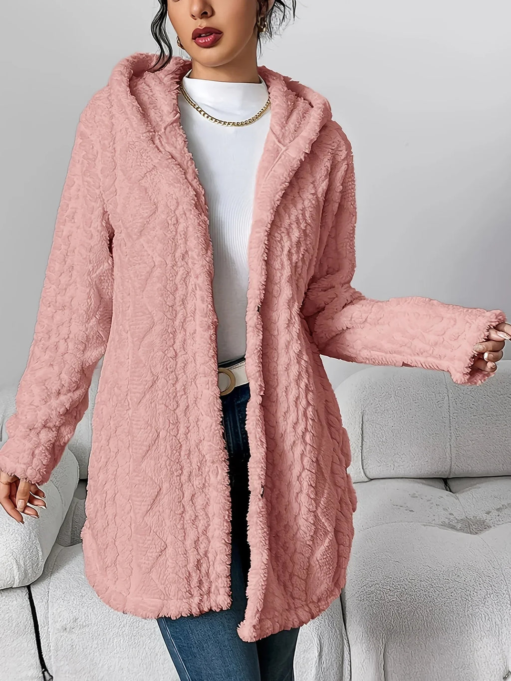 Cardigan with Hood – Textured Fleece-Like Open-Front Coat