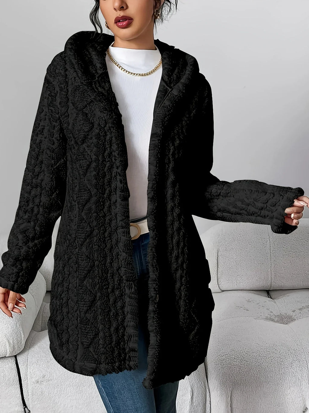 Cardigan with Hood – Textured Fleece-Like Open-Front Coat