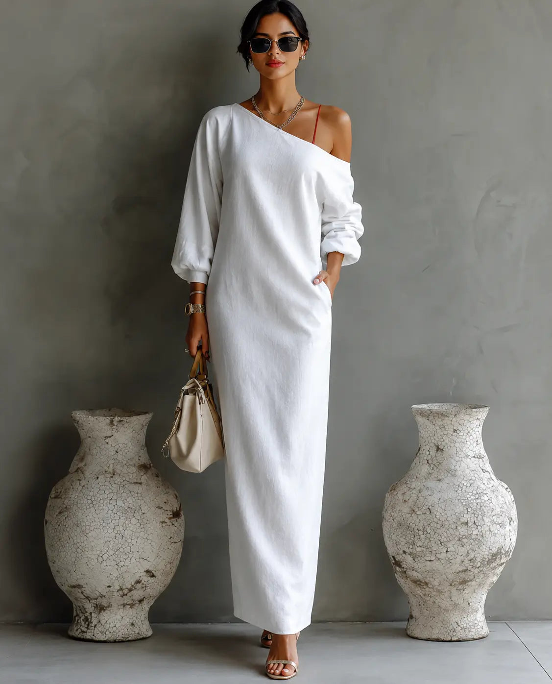 Women's Linen Balloon Sleeve Long Dress Off-Shoulder Oversized Relaxed Fit Formal Wedding Guest Beach Vacation Resort Everyday – Brisa
