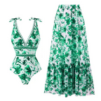 Women's V-Neck Lace-Up Printed One-Piece Swimsuit & Long Skirt Set Casual Beach Vacation Summer Resort Cover-Up – Green Floral