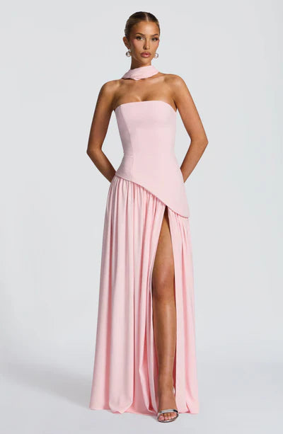 Women's Elegant Strapless Maxi Dress Fitted Slit Formal Party Wedding Guest Sophisticated – Mya