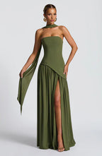 Women's Elegant Strapless Maxi Dress Fitted Slit Formal Party Wedding Guest Sophisticated – Mya