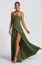 Women's Elegant Strapless Maxi Dress Fitted Slit Formal Party Wedding Guest Sophisticated – Mya