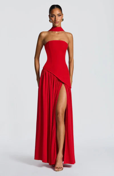 Women's Elegant Strapless Maxi Dress Fitted Slit Formal Party Wedding Guest Sophisticated – Mya