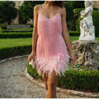 Pink Feather Sequin Mini Elegant Dress Spaghetti Straps Glam Cocktail Night Out Party Dress - Lolly 
