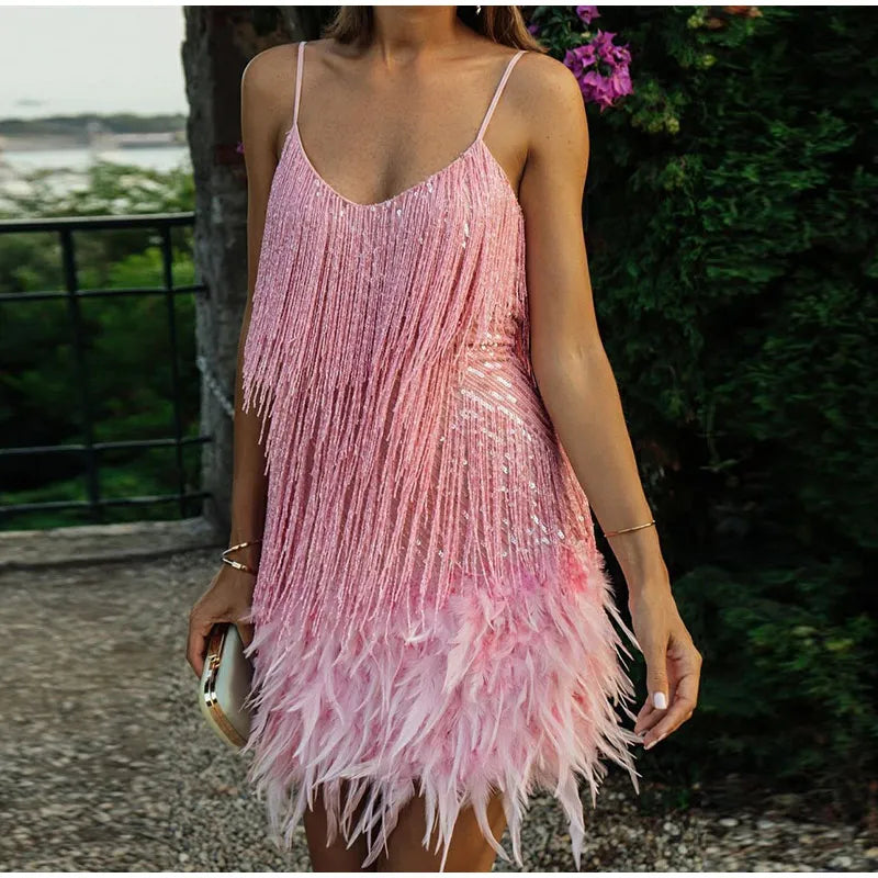 Pink Feather Sequin Mini Elegant Dress Spaghetti Straps Glam Cocktail Night Out Party Dress - Lolly 