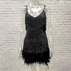 Pink Feather Sequin Mini Elegant Dress Spaghetti Straps Glam Cocktail Night Out Party Dress - Lolly 