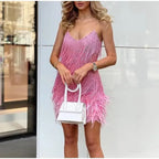 Pink Feather Sequin Mini Elegant Dress Spaghetti Straps Glam Cocktail Night Out Party Dress - Lolly 