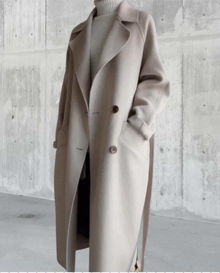 Women Coat Longline Double-Breasted Belted with Notched Lapel - Lolly 