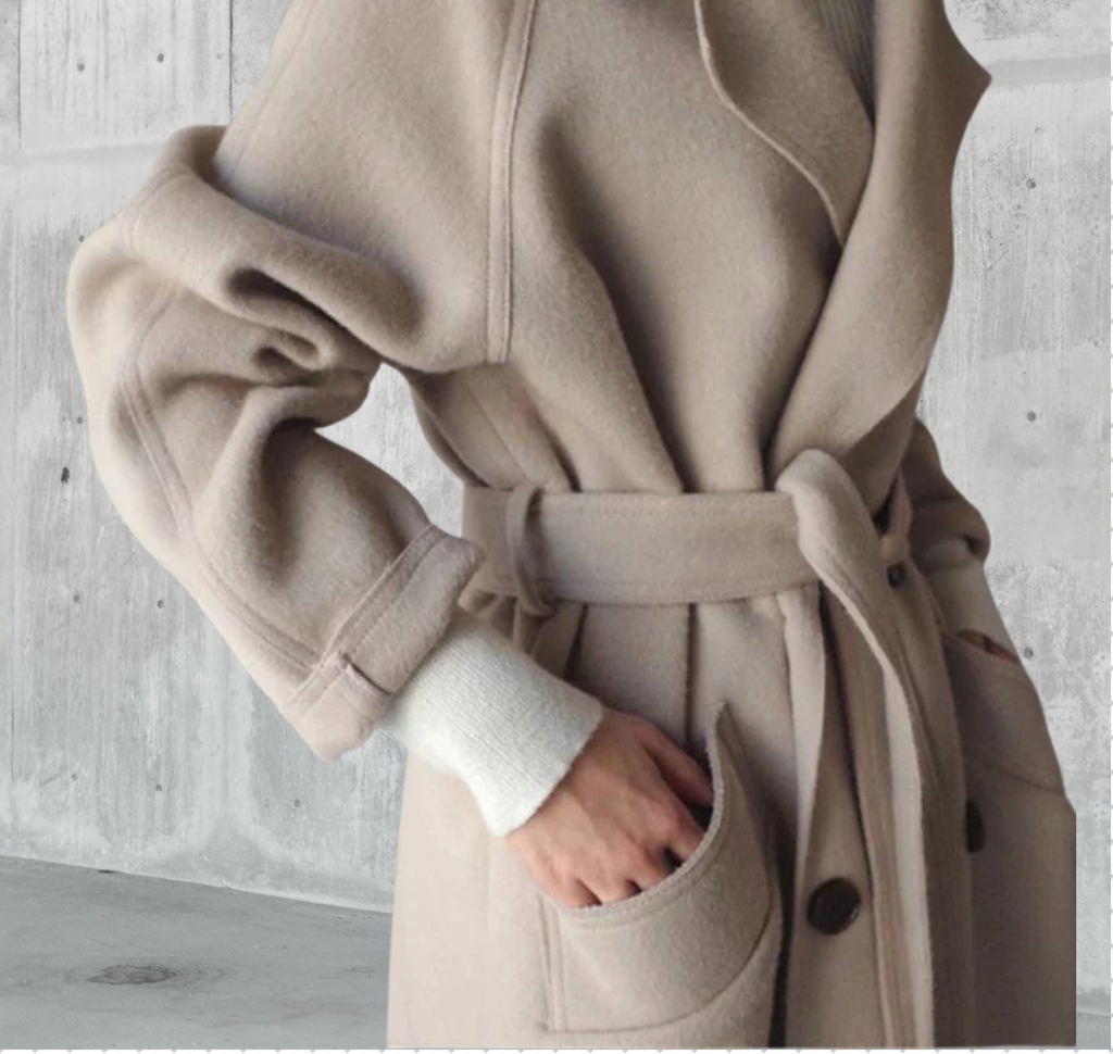 Women Coat Longline Double-Breasted Belted with Notched Lapel - Lolly 