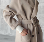 Women Coat Longline Double-Breasted Belted with Notched Lapel - Lolly 