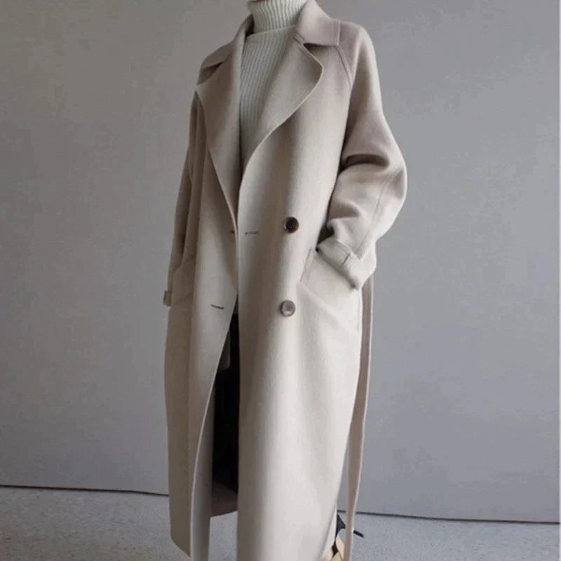 Women Coat Longline Double-Breasted Belted with Notched Lapel - Lolly 