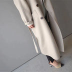 Women Coat Longline Double-Breasted Belted with Notched Lapel - Lolly 