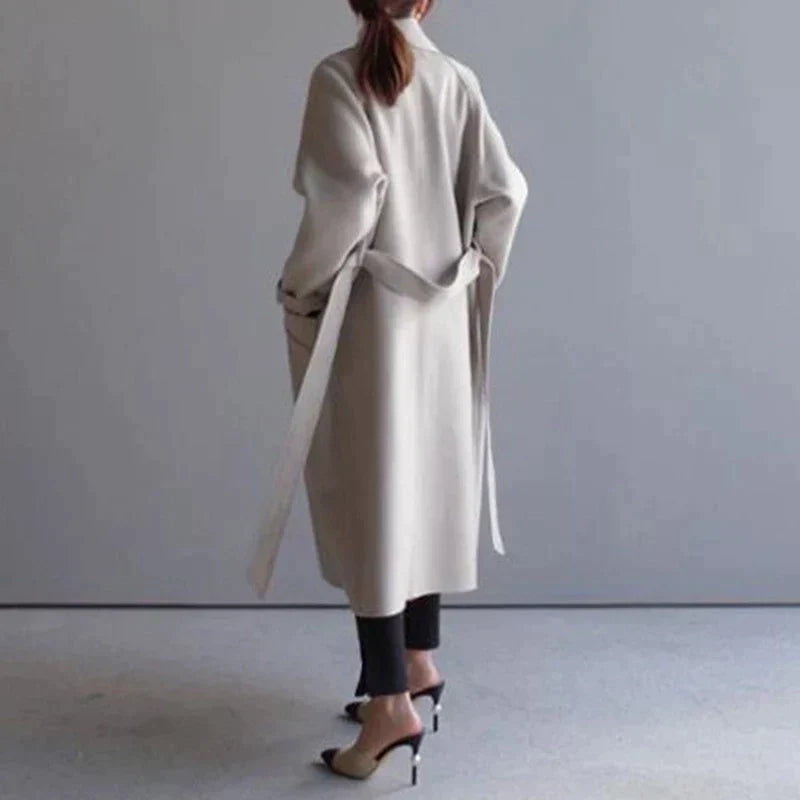 Women Coat Longline Double-Breasted Belted with Notched Lapel - Lolly 