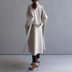 Women Coat Longline Double-Breasted Belted with Notched Lapel - Lolly 