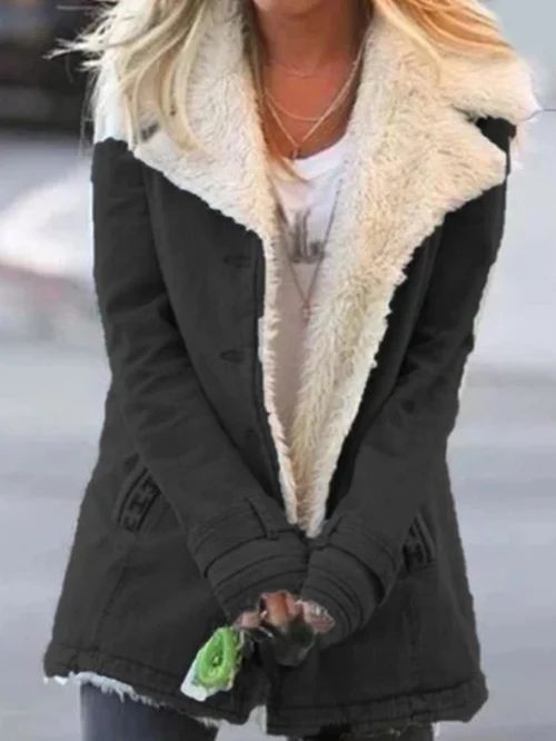 Women Coat with Sherpa Lapel Collar and Long Sleeves - Lolly 