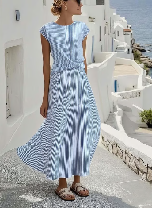 Women's 100% Belgian Linen Midi Dress Twisted Front Detail Short Sleeve Round Neck Casual Summer Beach Vacation Mediterranean Everyday – Casa Lino - Lolly 