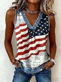 Women's American Flag Tank Top V-Neck Sleeveless 4th of July Patriotic Summer Casual - Lolly 