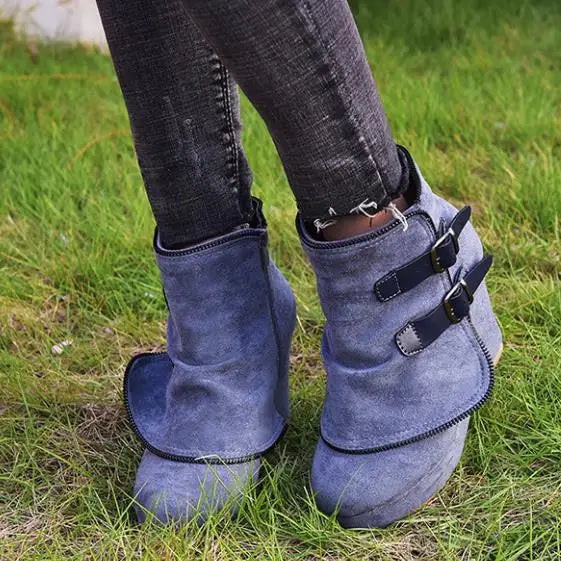 Women's Ankle Boots Wedge Heel with Platform Double Buckle Straps - Lolly 