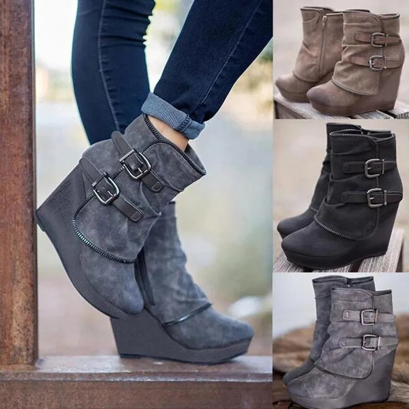 Women's Ankle Boots Wedge Heel with Platform Double Buckle Straps - Lolly 