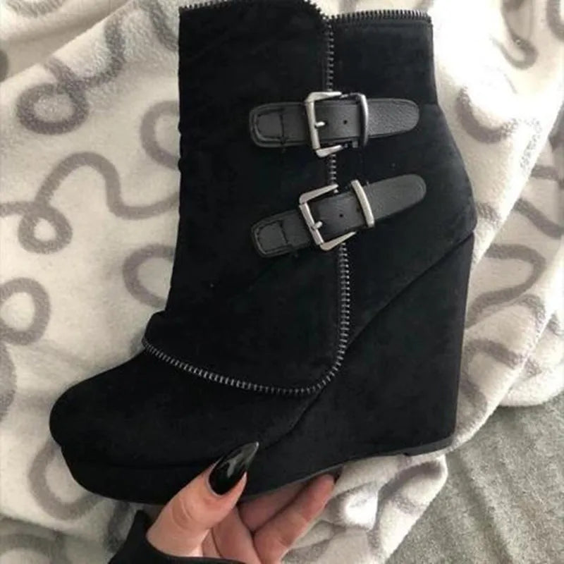 Women's Ankle Boots Wedge Heel with Platform Double Buckle Straps - Lolly 