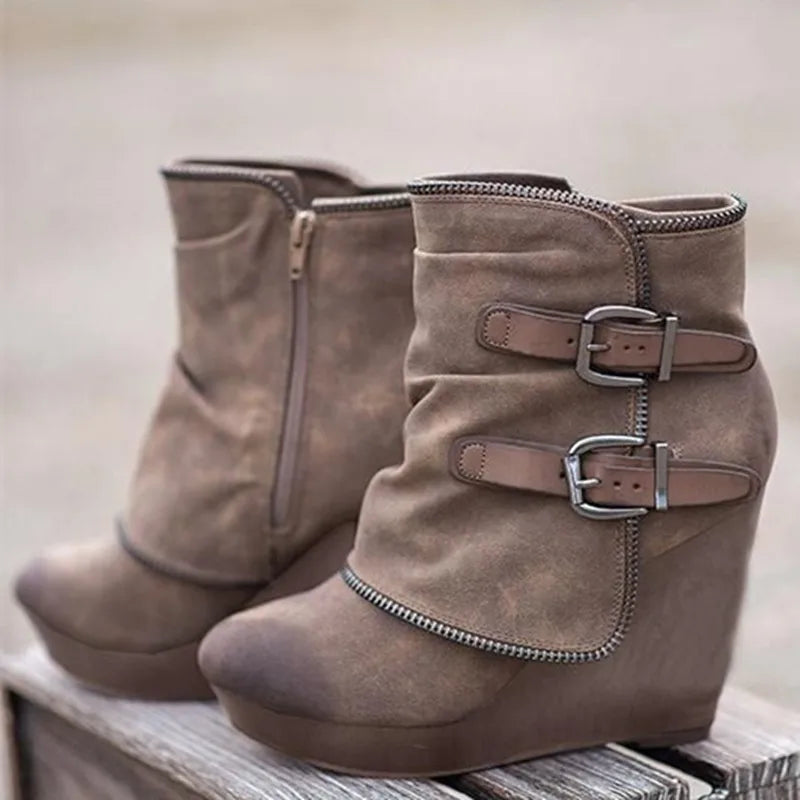 Women's Ankle Boots Wedge Heel with Platform Double Buckle Straps - Lolly 