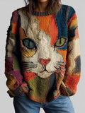 Women's Artistic Cat Patchwork Embroidered Crewneck Sweater Ribbed Cuffs Relaxed Fit Casual Winter Everyday Street Style Statement – Zaira - Lolly 