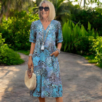 Women's Artistic Mosaic Floral Print V-Neck Midi Dress Mid Sleeve Side Pockets Side Slit Casual Summer Garden Vacation Everyday – Karen - Lolly 