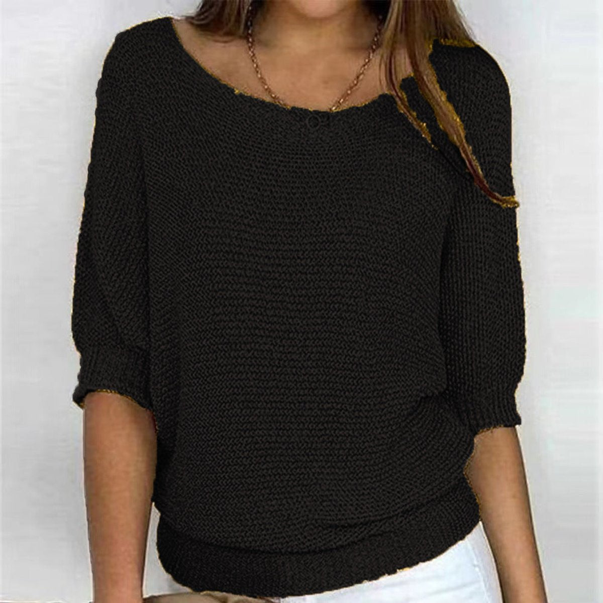 Women's Batwing Sleeve Knit Pullover Sweater Relaxed Fit V-Neck Ribbed Hem Casual - Lolly 