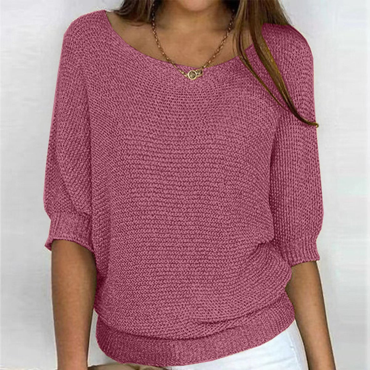 Women's Batwing Sleeve Knit Pullover Sweater Relaxed Fit V-Neck Ribbed Hem Casual - Lolly 