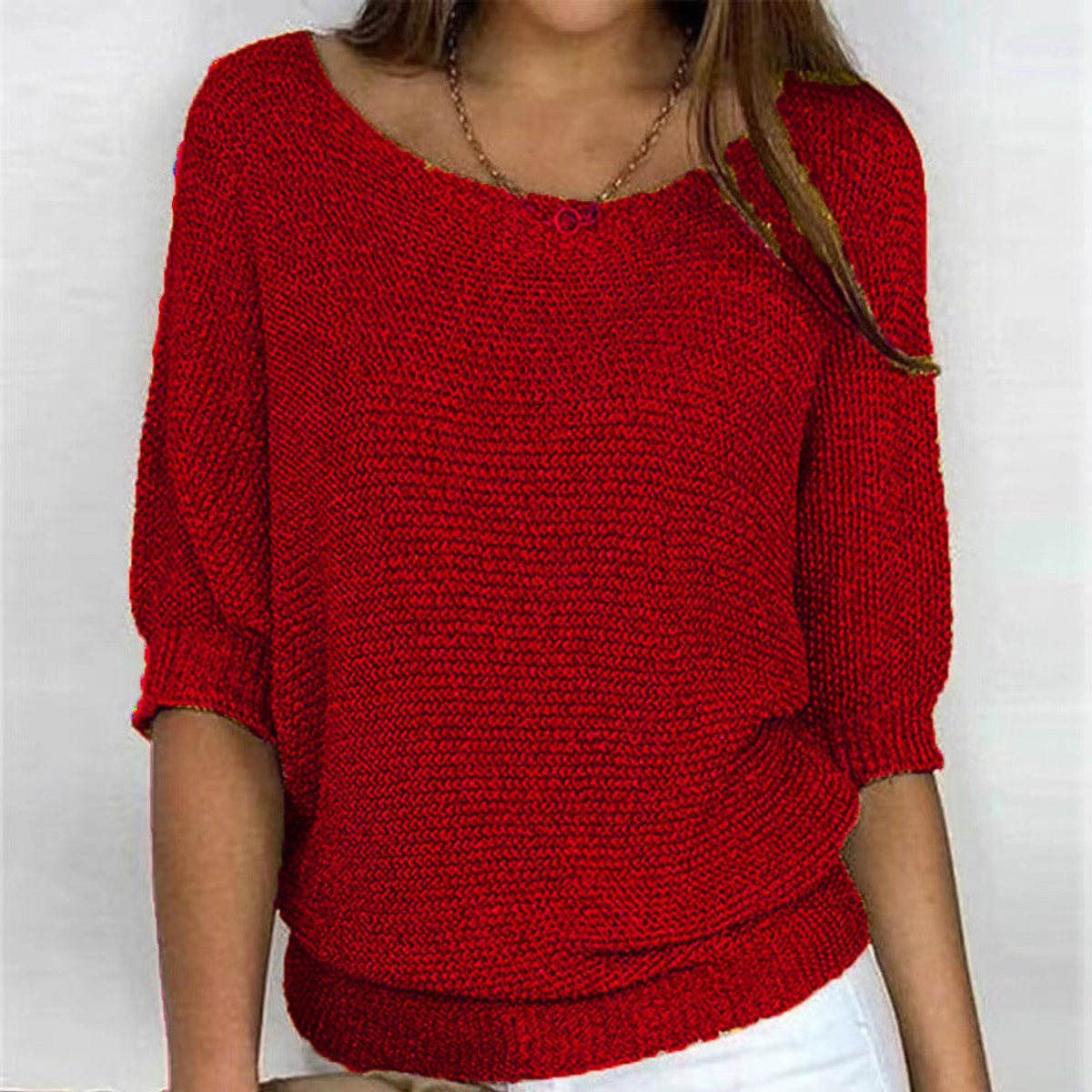 Women's Batwing Sleeve Knit Pullover Sweater Relaxed Fit V-Neck Ribbed Hem Casual - Lolly 