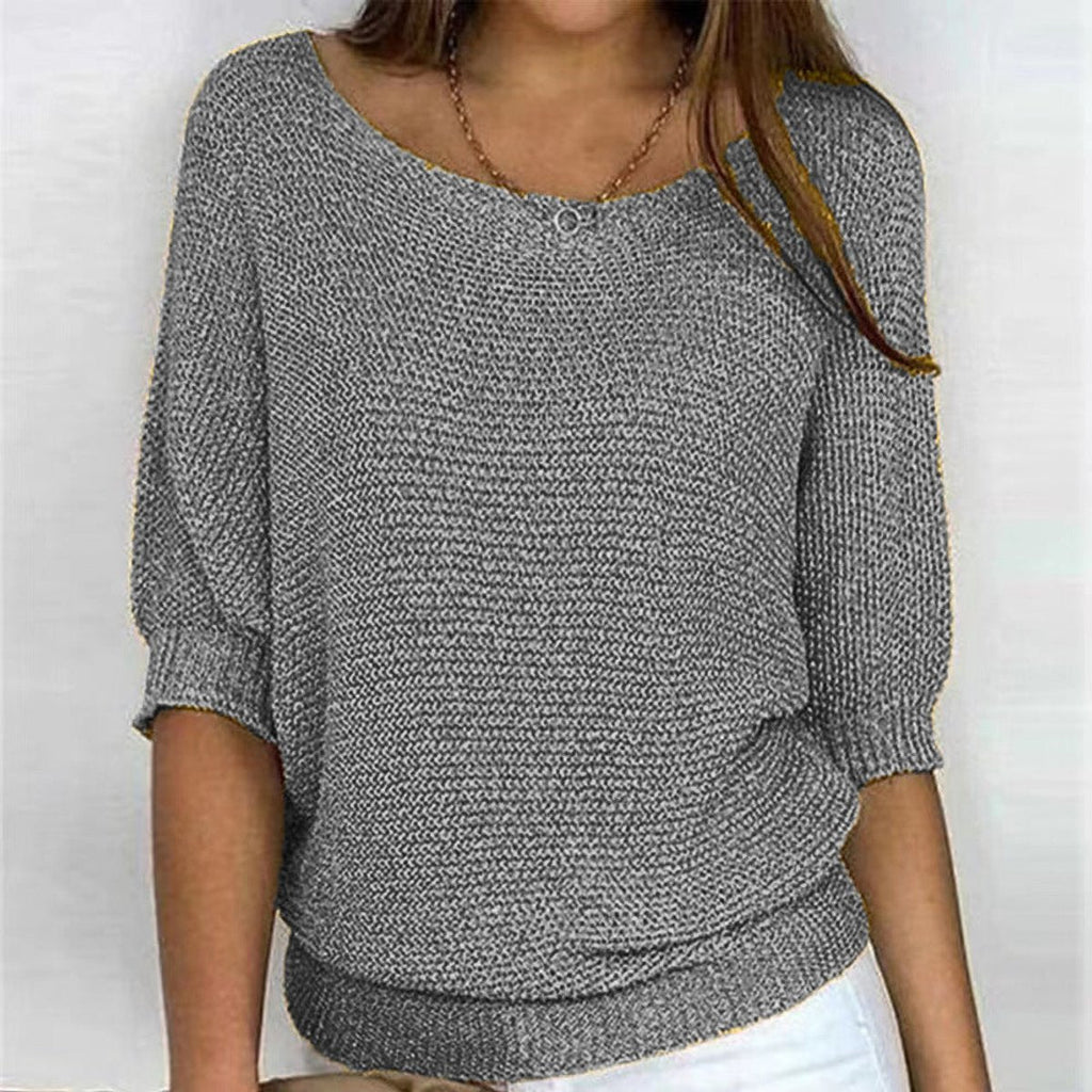 Women's Batwing Sleeve Knit Pullover Sweater Relaxed Fit V-Neck Ribbed Hem Casual - Lolly 