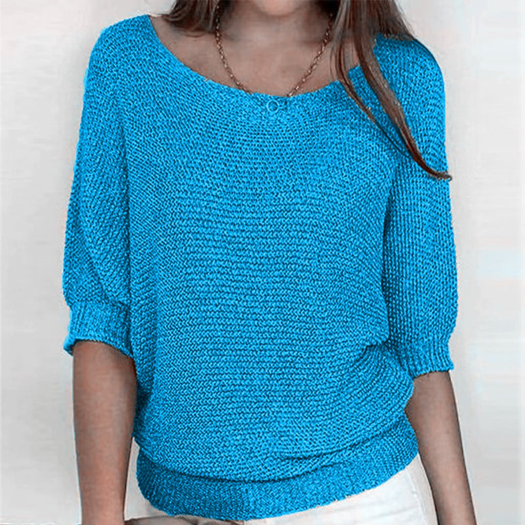 Women's Batwing Sleeve Knit Pullover Sweater Relaxed Fit V-Neck Ribbed Hem Casual - Lolly 