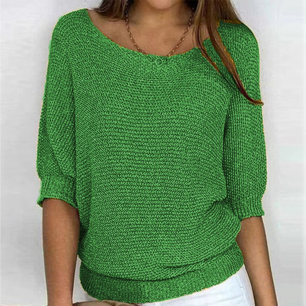Women's Batwing Sleeve Knit Pullover Sweater Relaxed Fit V-Neck Ribbed Hem Casual - Lolly 