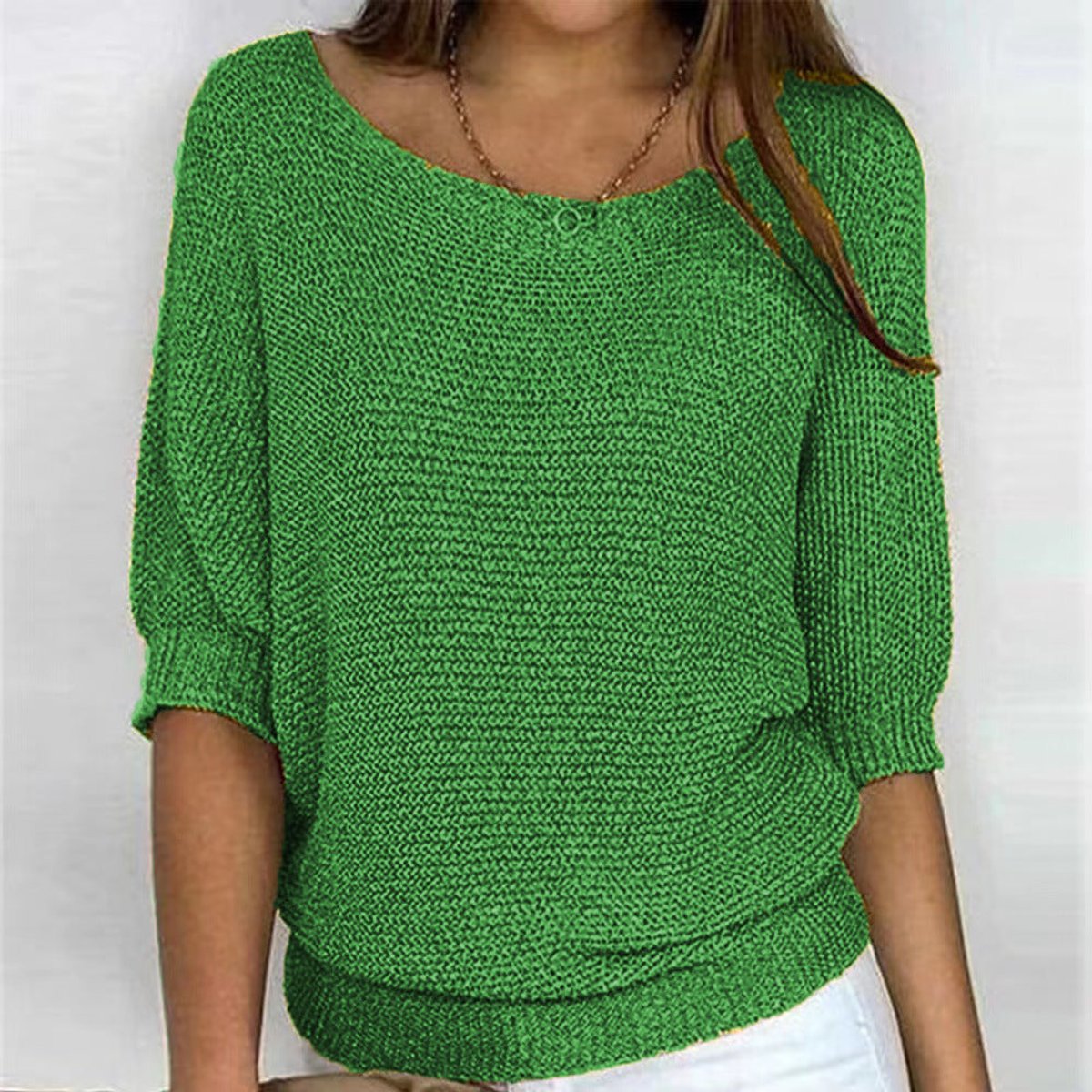 Women's Batwing Sleeve Knit Pullover Sweater Relaxed Fit V-Neck Ribbed Hem Casual - Lolly 