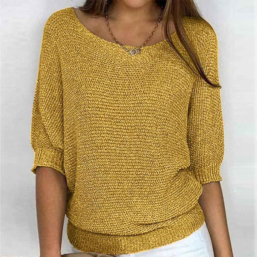 Women's Batwing Sleeve Knit Pullover Sweater Relaxed Fit V-Neck Ribbed Hem Casual - Lolly 