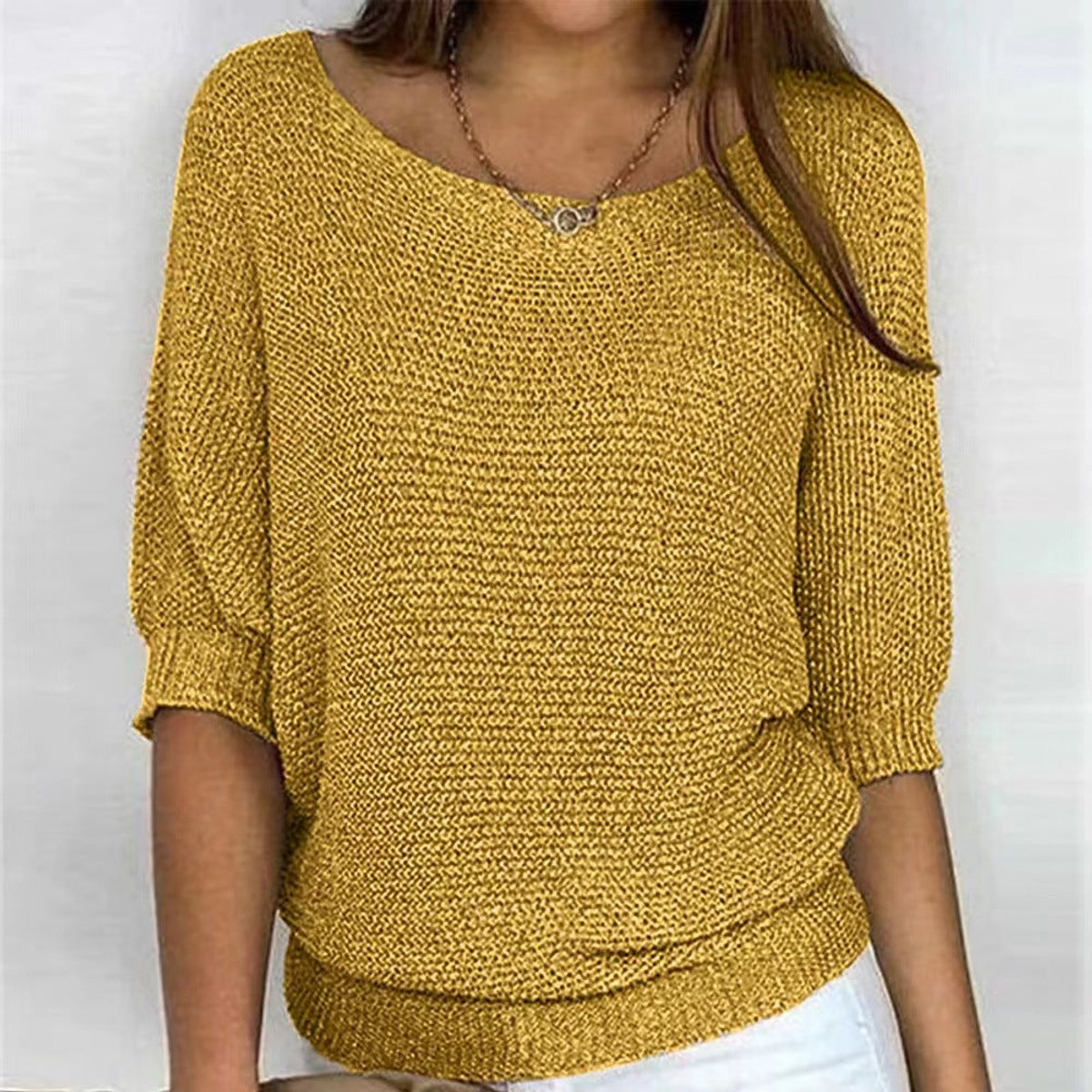 Women's Batwing Sleeve Knit Pullover Sweater Relaxed Fit V-Neck Ribbed Hem Casual - Lolly 