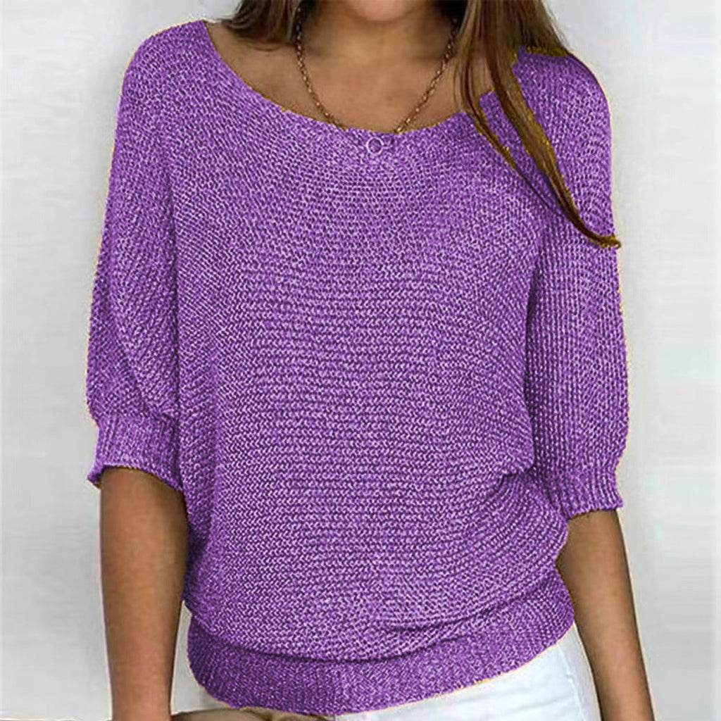 Women's Batwing Sleeve Knit Pullover Sweater Relaxed Fit V-Neck Ribbed Hem Casual - Lolly 