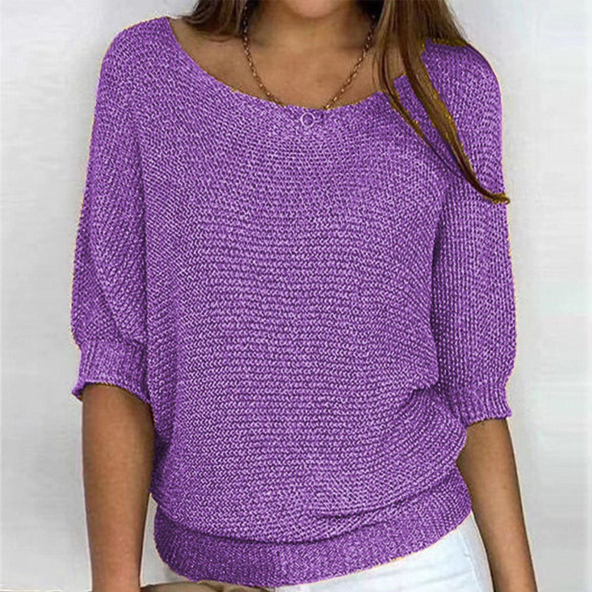 Women's Batwing Sleeve Knit Pullover Sweater Relaxed Fit V-Neck Ribbed Hem Casual - Lolly 