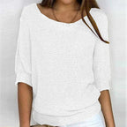 Women's Batwing Sleeve Knit Pullover Sweater Relaxed Fit V-Neck Ribbed Hem Casual - Lolly 