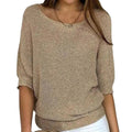 Women's Batwing Sleeve Knit Pullover Sweater Relaxed Fit V-Neck Ribbed Hem Casual - Lolly 