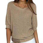 Women's Batwing Sleeve Knit Pullover Sweater Relaxed Fit V-Neck Ribbed Hem Casual - Lolly 