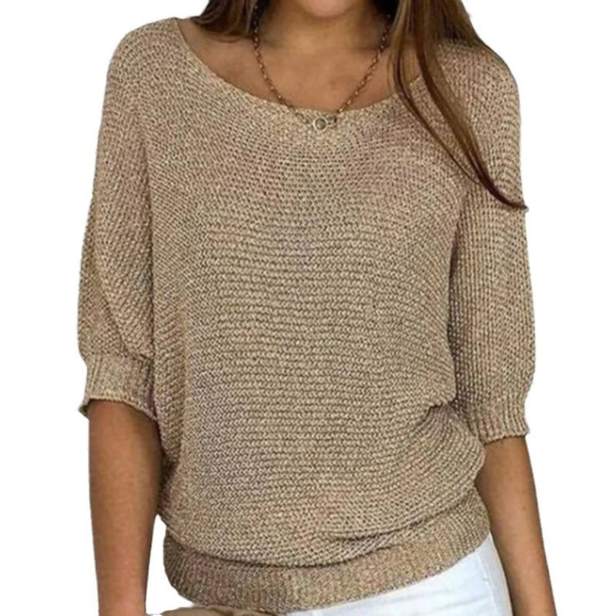 Women's Batwing Sleeve Knit Pullover Sweater Relaxed Fit V-Neck Ribbed Hem Casual - Lolly 